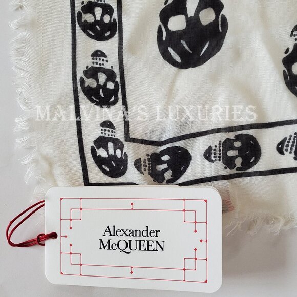 ALEXANDER MCQUEEN SCARF ICONIC SKULL PRINT IVORY MODAL SILK FRINGE UNISEX - Picture 8 of 13